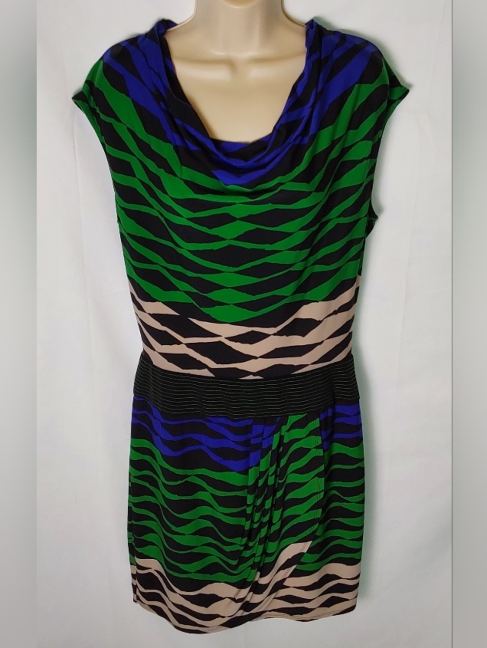 BCBGMaxAzria Green, Blue & Beige Striped Cowl-Neck Midi Dress
